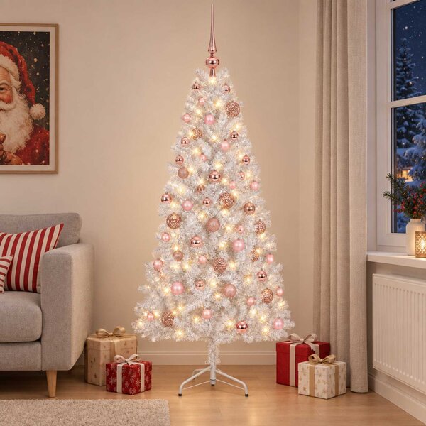 Műkarácsonyfa gömbbel 210 cm 300 LED Meleg fehér PVC és fém