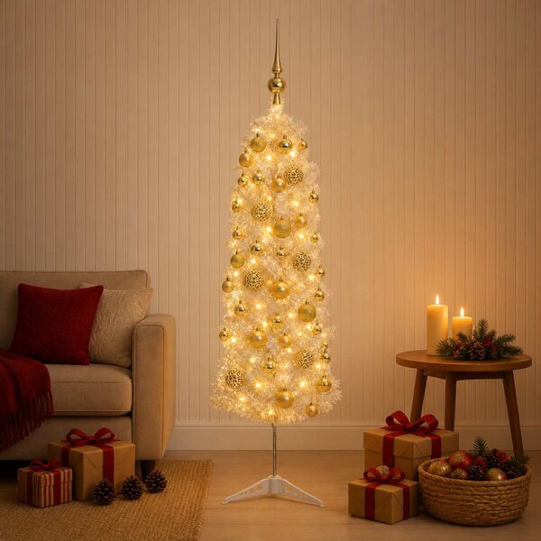 Karcsú műkarácsonyfa gömbökkel 150 cm 150 LED Meleg fehér