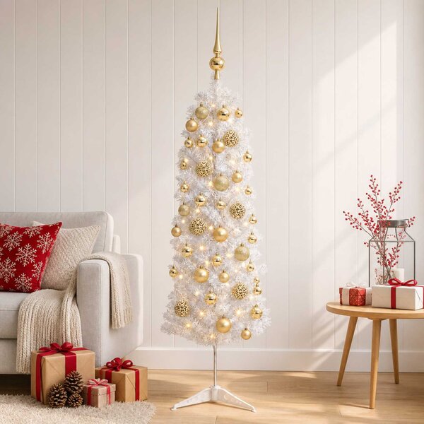 Karcsú műkarácsonyfa gömbökkel 150 cm 150 LED Meleg fehér