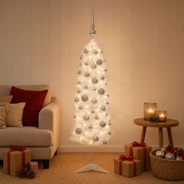 Karcsú műkarácsonyfa gömbökkel 150 cm 150 LED Meleg fehér