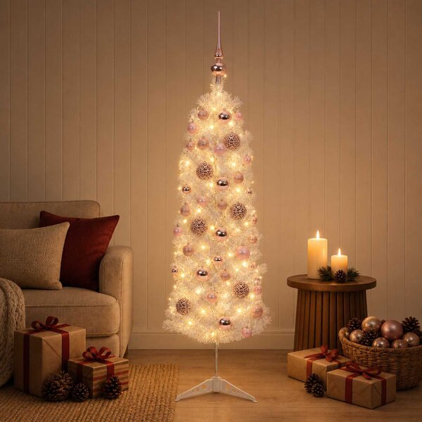 Karcsú műkarácsonyfa gömbökkel 150 cm 150 LED Meleg fehér