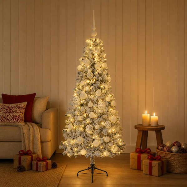 Műkarácsonyfa gömbbel 120 cm 150 LED Meleg fehér PVC és fém