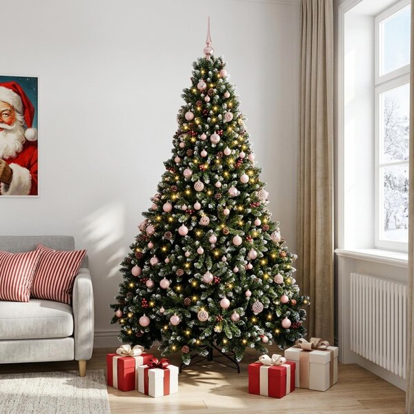 Zöld műkarácsonyfa gömbökkel 210 cm 300 LED Meleg fehér