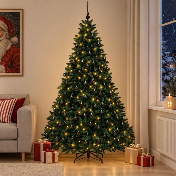 Sötétzöld műkarácsonyfa gömbökkel 270 cm 600 LED Meleg fehér