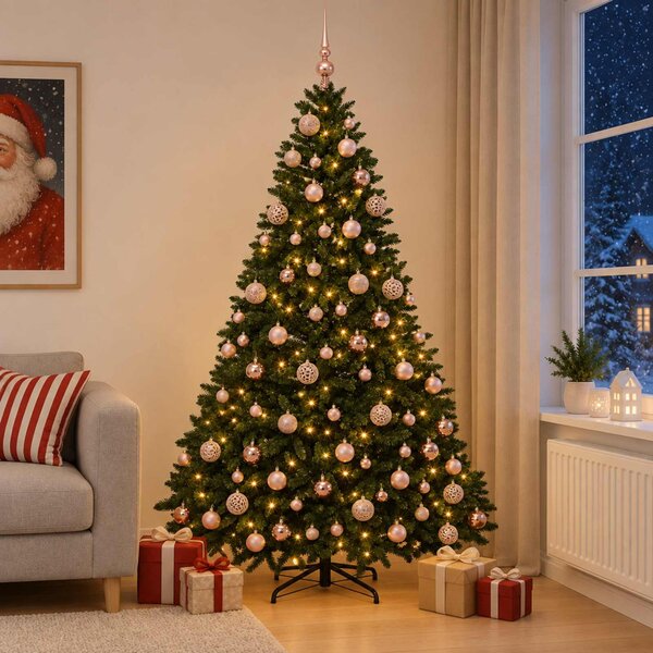 Sötétzöld műkarácsonyfa gömbökkel 240 cm 300 LED Meleg fehér