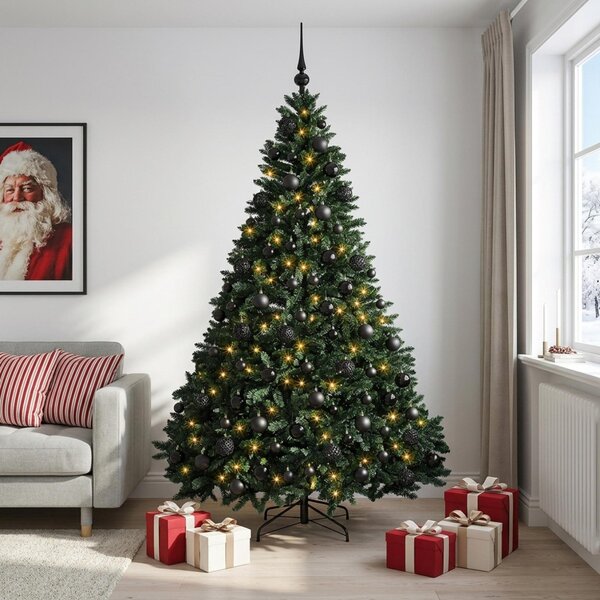 Sötétzöld műkarácsonyfa gömbökkel 240 cm 300 LED Meleg fehér