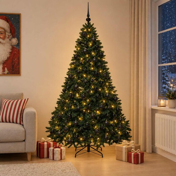 Sötétzöld műkarácsonyfa gömbökkel 240 cm 300 LED Meleg fehér