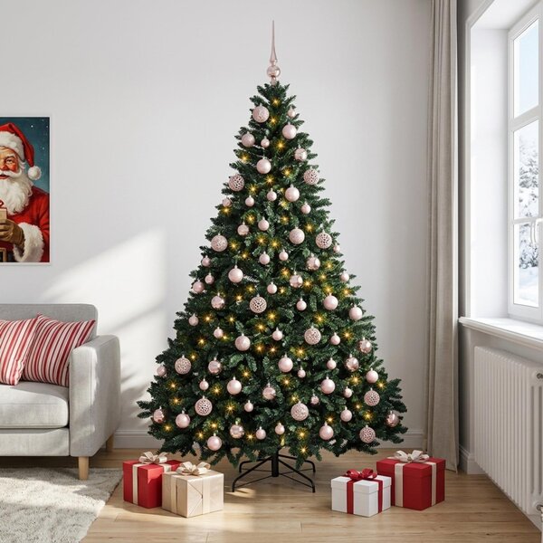 Sötétzöld műkarácsonyfa gömbökkel 240 cm 300 LED Meleg fehér