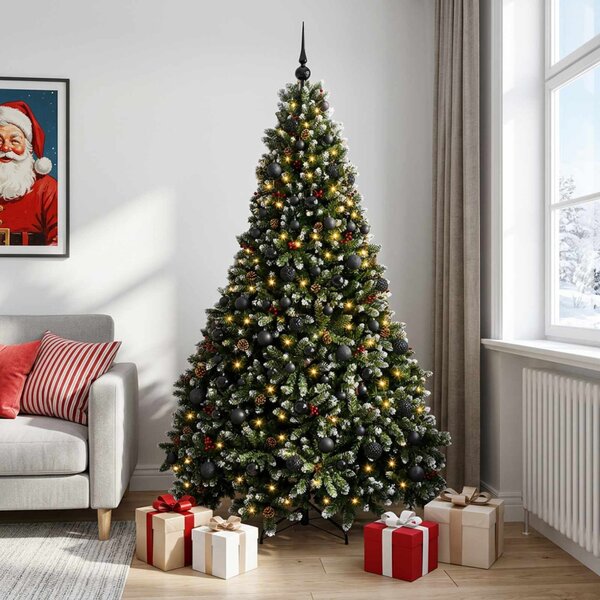Műkarácsonyfa gömbökkel, zöld 210 cm 300 LED Meleg fehér