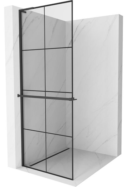 Mexen Kioto+ L, Walk-In zuhany paraván polccal és akasztóval 80 x 200 cm, 8 mm átlátszó üveg fekete mintás, fekete profil, 800-080-123-70-77