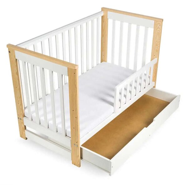 Klups Iwo kiságy + ágyneműtartó + leeségátló 60x120 - fehér&amp;fenyő