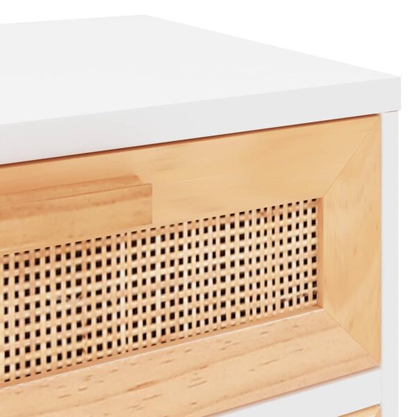 Fehér tömör fenyőfa és természetes rattan éjjeliszekrény