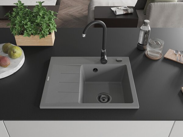 Mexen Ben, 1 kamrás gránit mosogató 600x500x190 mm, jobb + fekete szifon, szürke, 6523605000-71-B