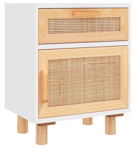 Fehér tömör fenyőfa és természetes rattan éjjeliszekrény