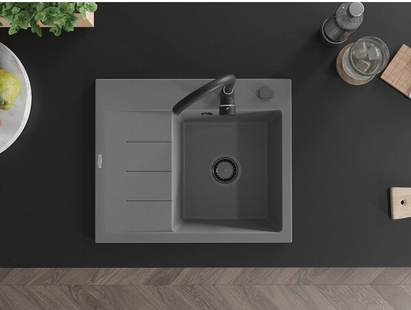 Mexen Ben, 1 kamrás gránit mosogató 600x500x190 mm, jobb + fekete szifon, szürke, 6523605000-71-B
