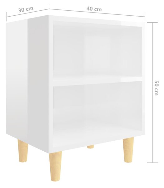 2 db magasfényű fehér éjjeliszekrény fa lábakkal 40x30x50 cm