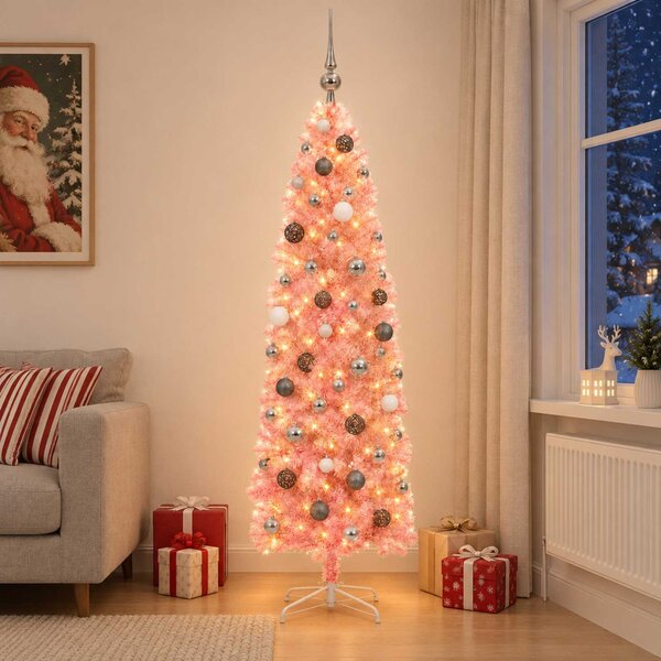 Karcsú műkarácsonyfa gömbökkel 180 cm 300 LED Meleg fehér