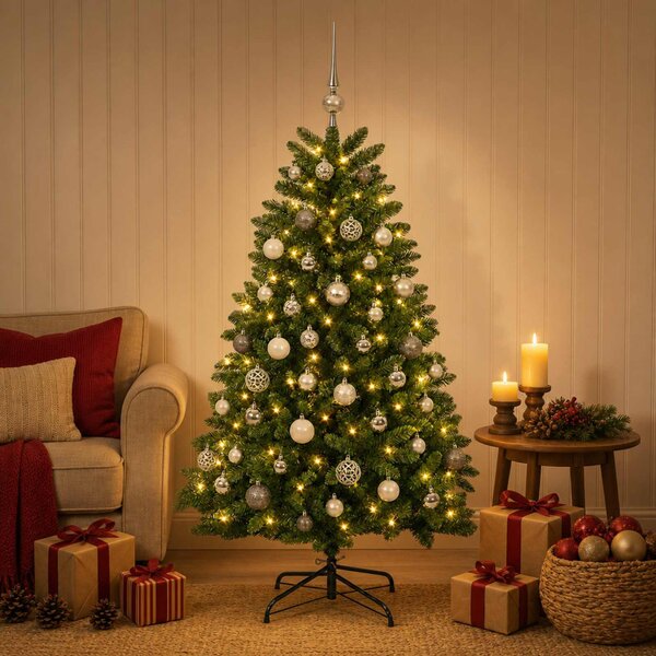 Műkarácsonyfa középzöld gömbökkel 180 cm 300 LED Meleg fehér