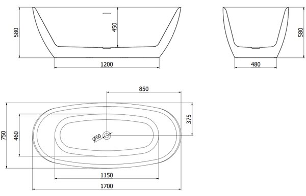 Mexen Luvo Slim szabadon álló kád 170 x 75 cm, fehér, fehér túlfolyó - 52801707500-20