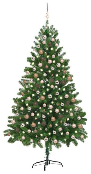 Zöld megvilágított műkarácsonyfa gömb szettel 210 cm