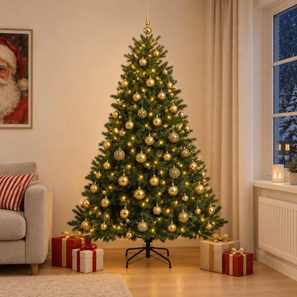 Műkarácsonyfa gömbbel 180 cm 300 LED Meleg fehér PVC és fém