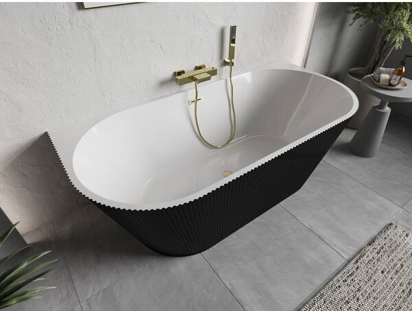 Mexen Oris szabadon álló mellékelt bordázott kád 170 x 80 cm, fehér/fekete, arany kefélt túlfolyó - 52871708075-55