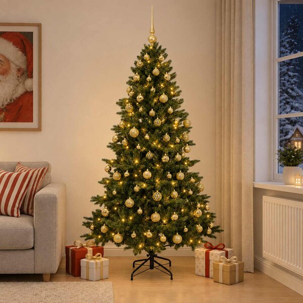 Műkarácsonyfa gömbbel 180 cm 300 LED Meleg fehér PVC és fém