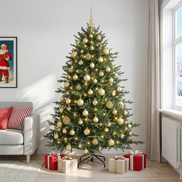 Műkarácsonyfa gömbbel 180 cm 300 LED Meleg fehér PVC és fém