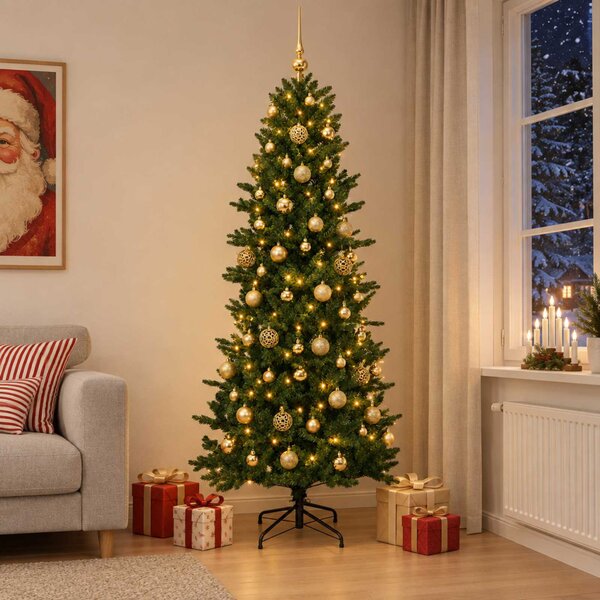 Műkarácsonyfa gömbbel 180 cm 300 LED Meleg fehér PVC és PE Zöld