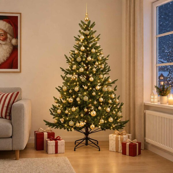 Műkarácsonyfa gömbbel 180 cm 300 LED Meleg fehér PVC és fém
