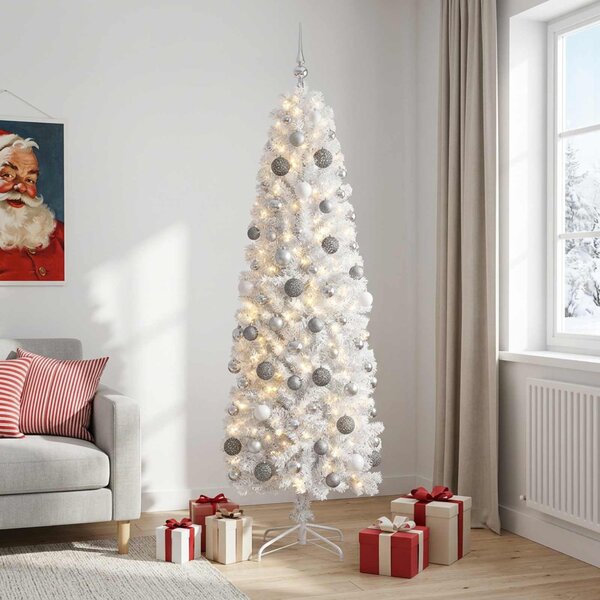 Karcsú műkarácsonyfa gömbökkel 180 cm 300 LED Meleg fehér