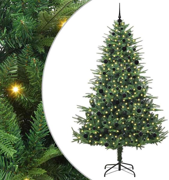 Műfenyő világítással és gömbkészlettel Zöld 240 cm PVC és PE
