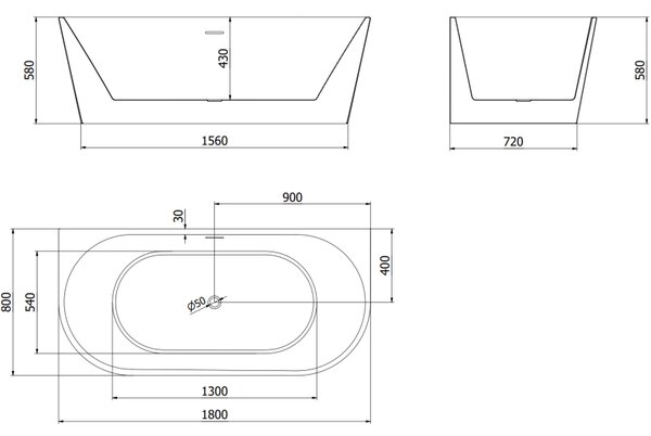 Mexen Oval szabadon álló fal melletti kád 180 x 80 cm, fehér, fekete túlfolyó - 52671808000-70