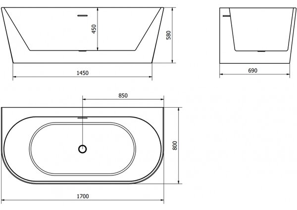 Mexen Oval+ szabadon álló falhoz állított kád 170 x 80 cm, fehér, fehér túlfolyó - 52681708000-20