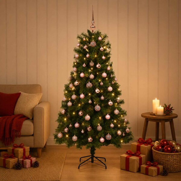 Mű zsanéros karácsonyfa gömbökkel 150 cm 150 LED Meleg fehér