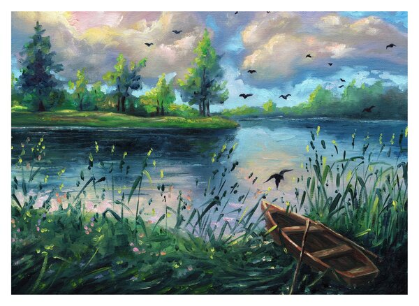 Kép - olajfestmény, Nyári este a tónál (70x50 cm)