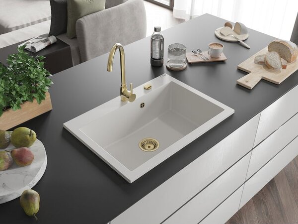 Mexen Elix 1 rekeszes gránit mosogató 700 x 500 mm, fehér, arany szifon - 6526701005-20-G
