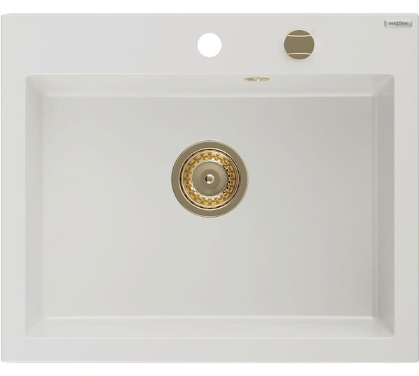 Mexen Elix gránit mosogató 1-medencés 600 x 500 mm, fehér, arany szifon - 6525601005-20-G