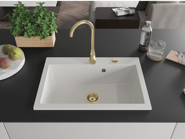 Mexen Elix 1 rekeszes gránit mosogató 700 x 500 mm, fehér, arany szifon - 6526701005-20-G