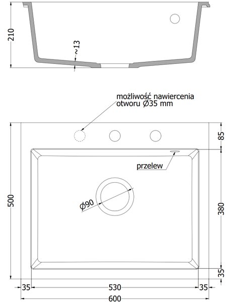 Mexen Eliz, 1 rekeszes gránit mosogató 600 x 500 mm, fekete/ezüstmetál, króm szifon - 6525601005-73