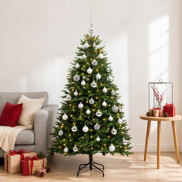Műfenyő gömbökkel 120 cm 150 LED Meleg fehér PVC és fém Zöld