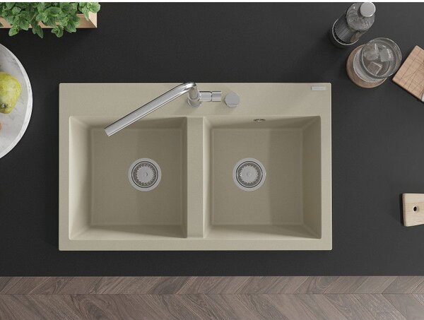 Mexen Hektor 2 rekeszes gránit mosogató 800 x 480 mm, bézs, króm szifon - 6521802000-69
