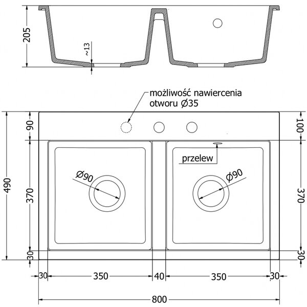 Mexen Hektor, 2 kamrás gránit mosogató 800x480x205 mm, fehér, króm szifon, 6521802000-20