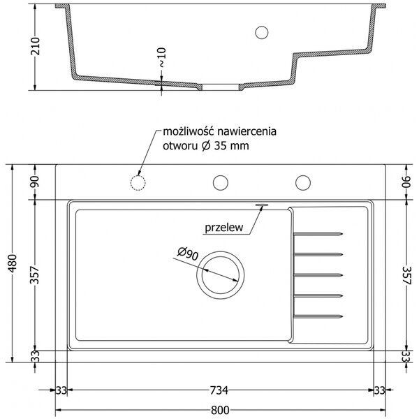 Mexen Omar gránit mosogató 1-medencés 800 x 480 mm, fekete, fekete szifon - 6520801005-77-B