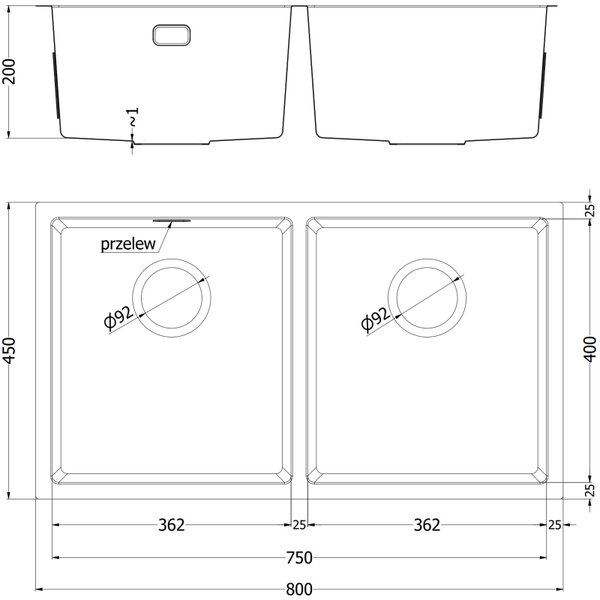 Mexen Binox, 2 rekeszes rozsdamentes mosogató 800 x 450 mm, fekete, 6421802000-70