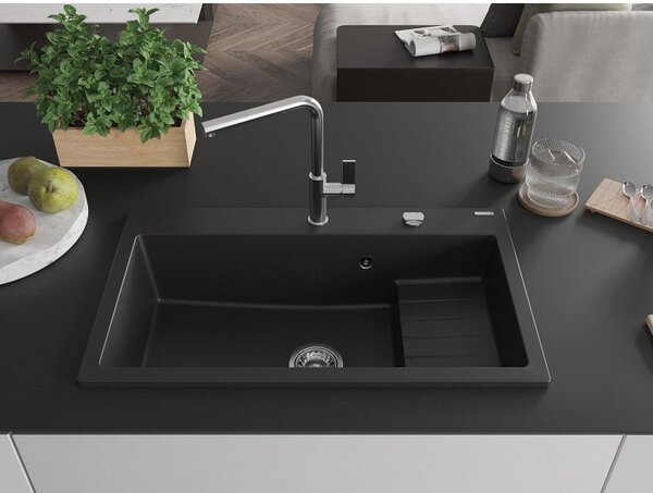 Mexen Omar 1-medencés, gránit mosogató 800 x 480 mm, fekete, króm szifon - 6520801005-77