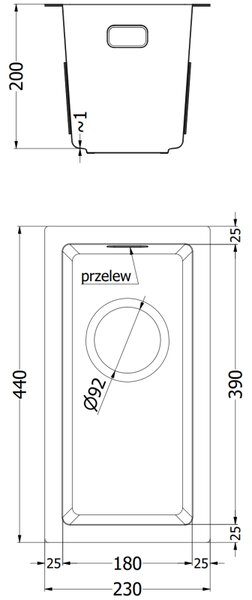 Mexen Trixo rozsdamentes acél mosogató 1-medencés 230 x 440 mm, inox HC - 6411221000-01HC
