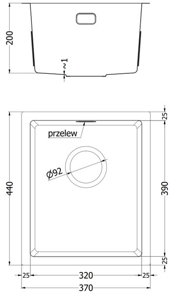 Mexen Trixo acél mosogató 1-medencés 370 x 440 mm, inox - 6412371000-01