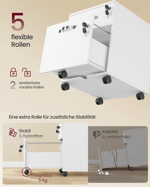 2 fiókos gurulós iratszekrény zárható irattároló, fehér