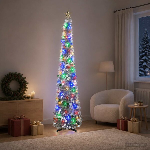 Pop-up LED-es karácsonyfa csúcsdísszel 180 cm 100 LED PET Ezüst
